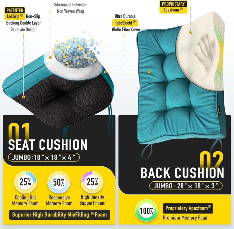 SUNROX Memory Foam Non Slip Rocking Chair Cushion, FadeShield Water Resistant Thicken Durable Tufted Pads, Set of Seat & Back Cushion with Ties for Indoor/Outdoor Rocker, 2 Piece, Turquoise - Image 2